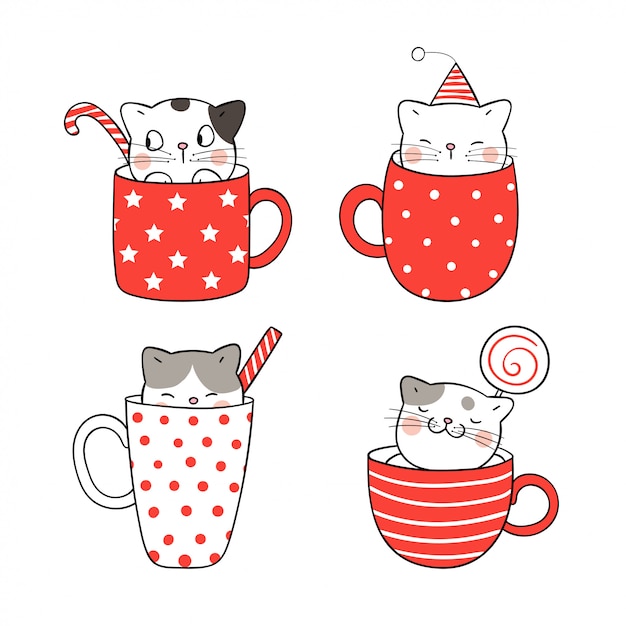 Dibuja un lindo gato en una taza de café y té para Navidad.