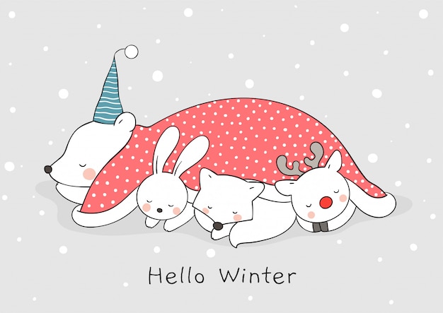 Dibuja un lindo sueño animal en la nieve para Navidad y año nuevo.