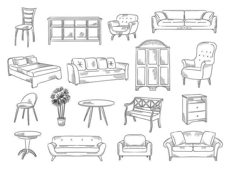 Vector dibuja muebles. objetos interiores modernos, sillas, camas, dibujos técnicos para proyectos de diseño arquitectónico, ilustraciones vectoriales recientes, colección de conjuntos. interior de muebles, boceto de sofá moderno para el hogar