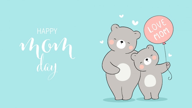 Dibuja el oso de la mamá y el globo con el bebé para el día de la madre.