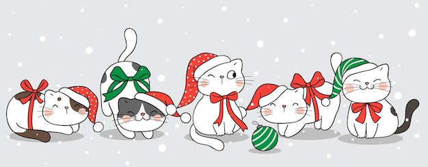 Dibuja una pancarta de gatos felices en la nieve para el invierno y la Navidad.