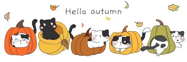 Dibuja pancartas con gatos lindos en calabaza para el otoño concepto de otoño