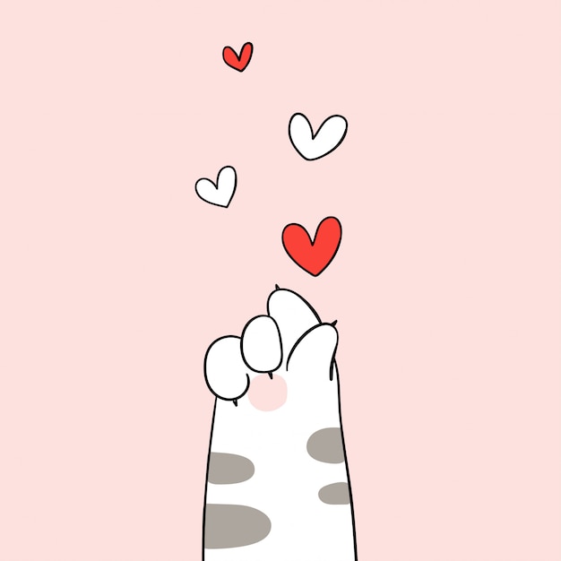 Dibuja pata de gato enviando un pequeño corazón para la tarjeta de felicitación del día de san valentín