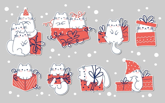 Dibuja pegatinas divertidas con gatos para Navidad y colección de personajes de ilustración vectorial de invierno Gatos divertidos para Navidad y año nuevo Estilo de dibujos animados Doodle