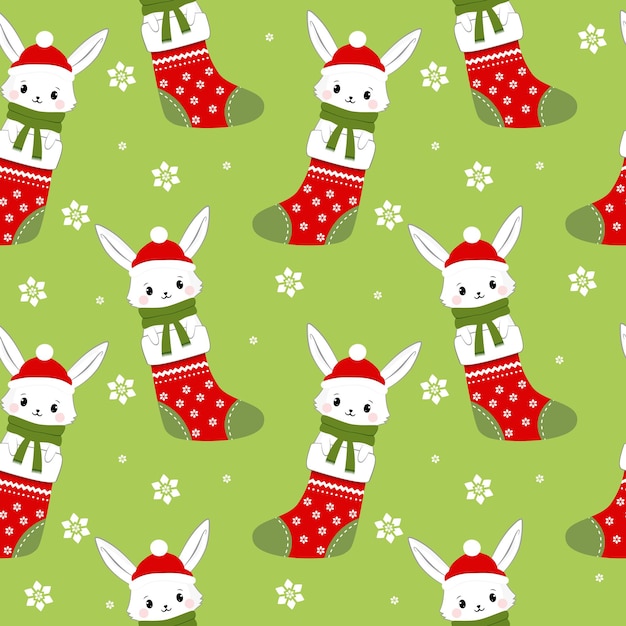 Dibuja un personaje lindo conejo en un calcetín de Navidad para el día de Navidad y año nuevo