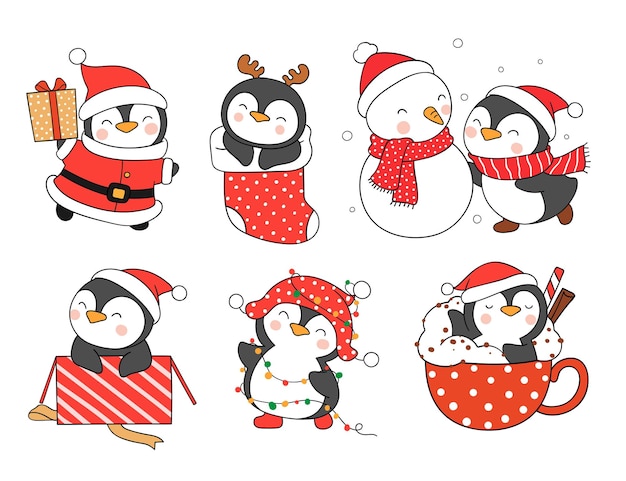 Dibuja pingüinos divertidos para navidad y año nuevo.