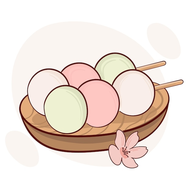 Dibuja la tradición japonesa kawaii divertida dulce sanshoku dango ilustración vectorial de tres colores concepto de menú de cocina de comida tradicional asiática japonesa estilo de dibujos animados doodle