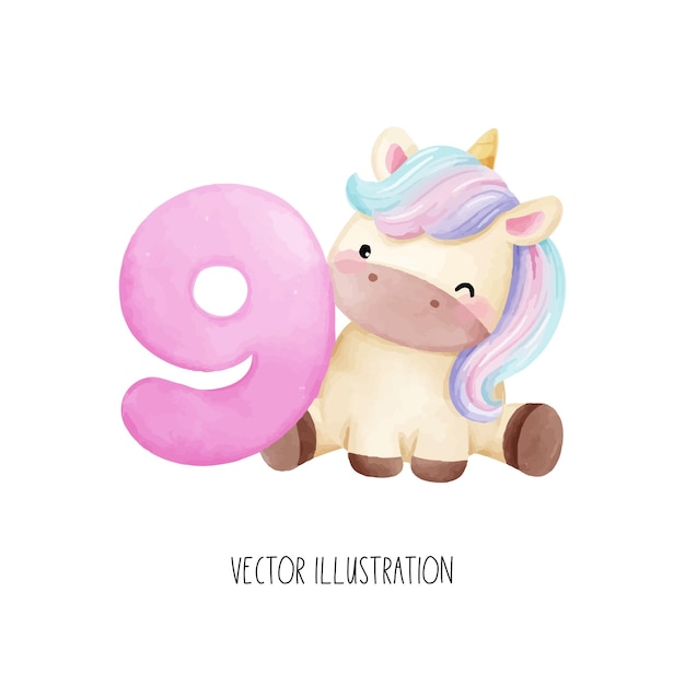 Vector dibuja un unicornio bebé con el número nueve cumpleaños infantil estilo acuarela