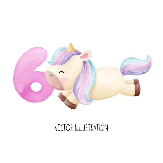 Vector dibuja un unicornio bebé con el número seis cumpleaños infantil estilo acuarela