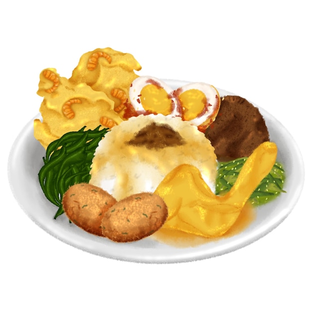Dibujado completo nasi padang en el plato