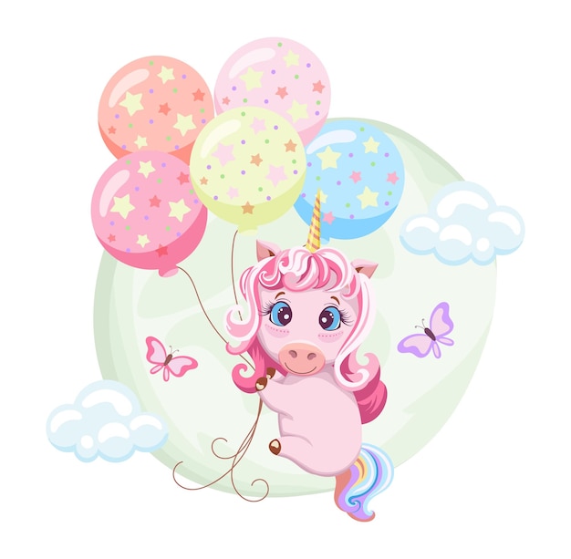 Dibujado dibujos animados lindo unicornio rosa volando en globos