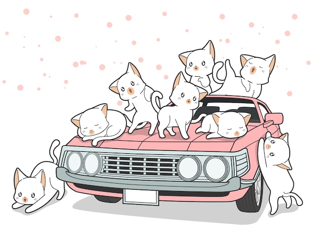 Dibujado kawaii gatos y coche rosa en estilo de dibujos animados.