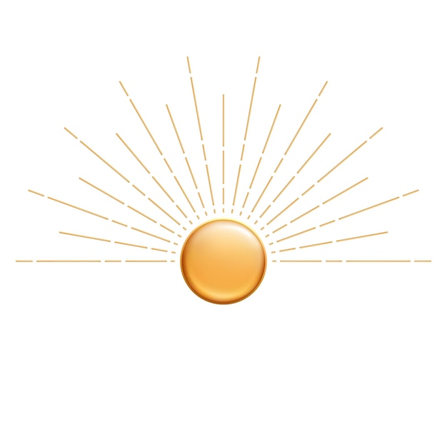 Dibujado a mano en 3d dorado brillante sol estallido estallido de estrellas rayos de luz símbolo bohemio estallido rayos de sol talismán mágico estilo antiguo logotipo boho ilustración vectorial aislada sobre fondo blanco