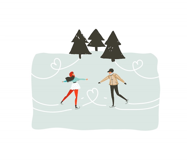 Dibujado a mano abstracto divertido feliz navidad ilustración de dibujos animados con pareja joven que patina en bosque congelado aislado sobre fondo blanco