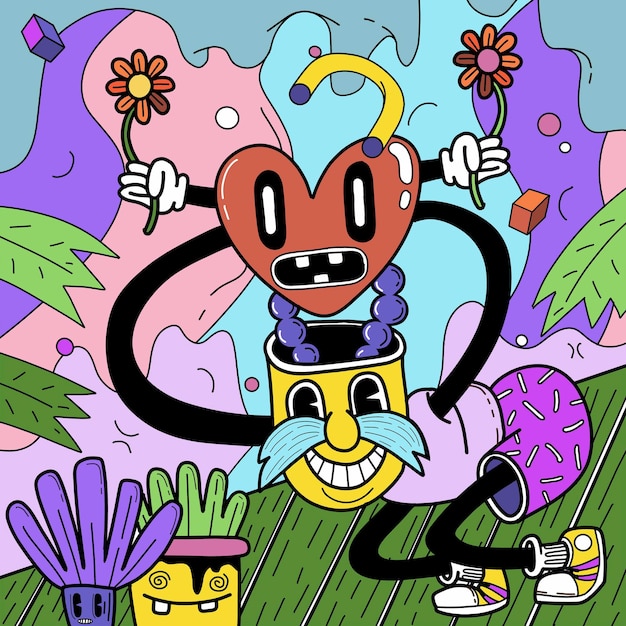 Dibujado a mano abstracto divertido lindo cómic characters.illustration para cartel, portada y publicidad. Ilustración de diseño retro y vintage.