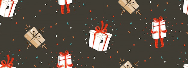 Dibujado a mano abstracto feliz Navidad y feliz año nuevo dibujos animados nórdico de patrones sin fisuras con linda ilustración de cajas de regalo sorpresa y personajes de niños sobre fondo negro.