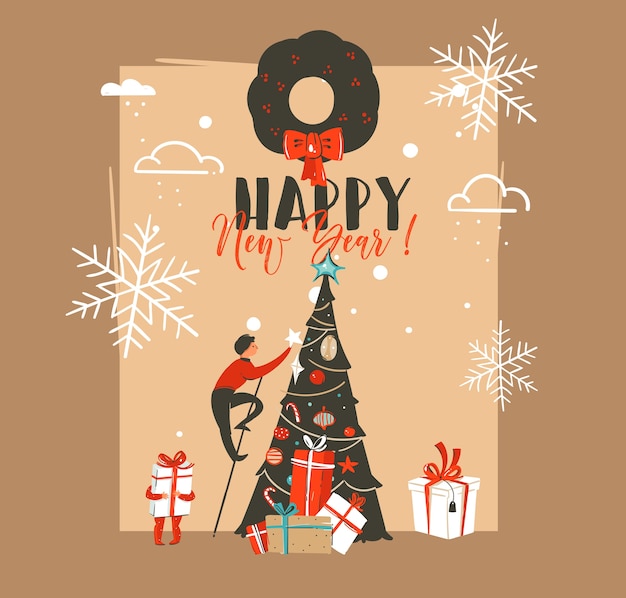 Dibujado a mano abstracto feliz Navidad y feliz año nuevo tiempo vintage dibujos animados ilustraciones plantilla de tarjeta de felicitación con personas de la familia decorado árbol de Navidad aislado sobre fondo marrón