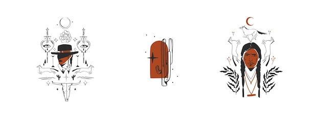 Dibujado a mano abstracto vector gráfico clipart ilustraciones conjunto de logotipos composicionesConcepto de diseño occidental salvajeArte contemporáneo bohemio del salvaje oesteDibujo de arte de línea moderna de vaqueroLogotipo de vaquera estadounidense