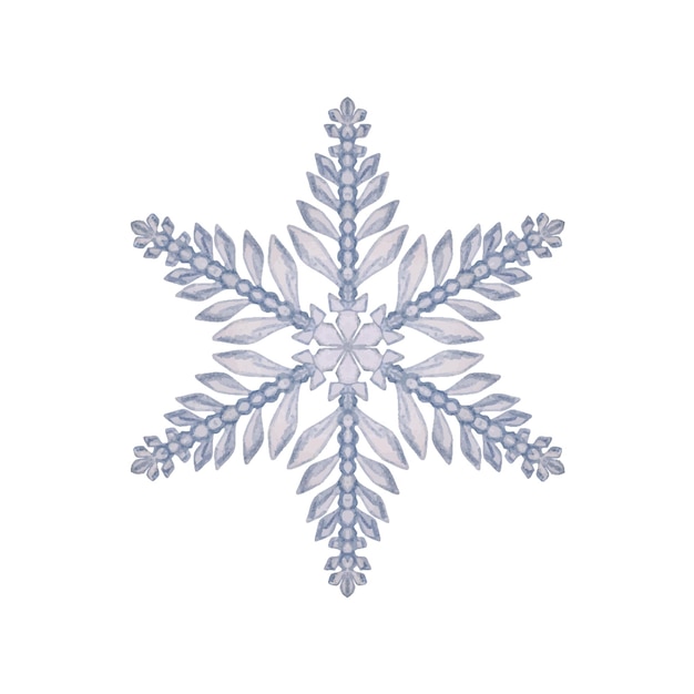 Dibujado a mano acuarela azul y plata copos de nieve agua cristal de hielo congelado en invierno Ilustración objeto único aislado sobre fondo blanco Diseño para cartel de vacaciones imprimir folleto de tarjeta de sitio web