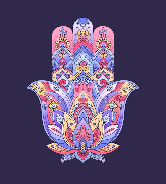 Vector dibujado a mano adornado amuleto hamsa mano de fatima ilustración vectorial