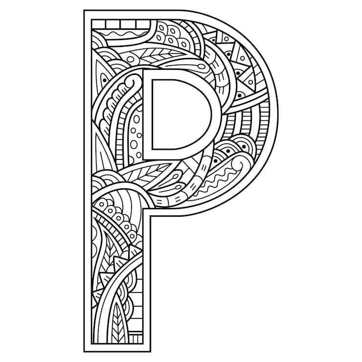 Vector dibujado a mano de un alfabeto letra p en estilo zentangle