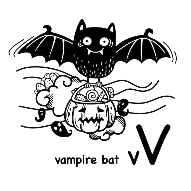 Vector dibujado a mano alfabeto letra v vampiro murciélago