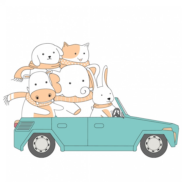 Dibujado a mano amistad paseo coche juntos animales lindos dibujos animados