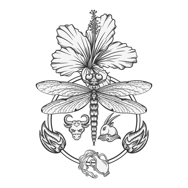 Dibujado a mano de animales, flores, fuego y agua zentangle art.