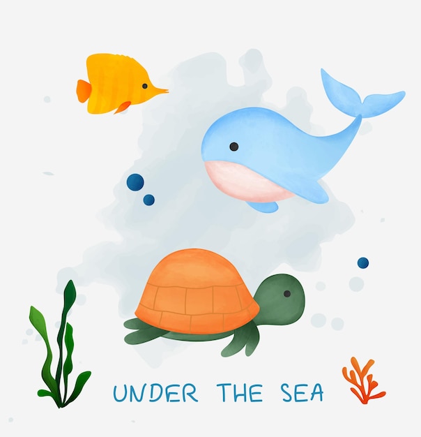Vector dibujado a mano animales marinos bajo el agua