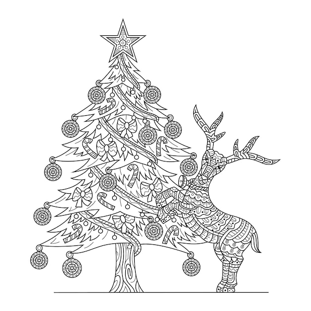 Dibujado a mano de árbol de navidad y ciervos en estilo zentangle