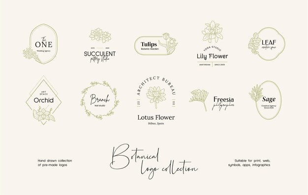 Vector dibujado a mano arte lineal floral vector logo diseño plantilla ilustración botánica de elegante logotipo