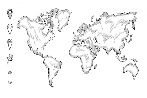 Dibujado a mano, áspero bosquejo del mapa mundial con alfileres