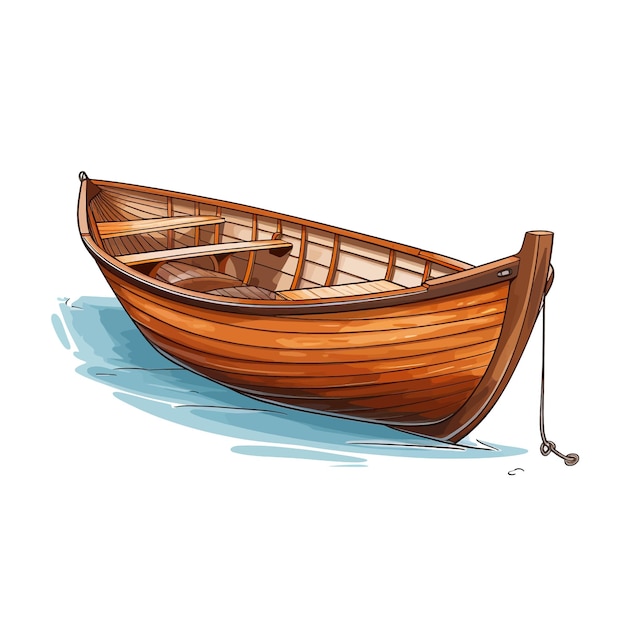 Dibujado a mano Barco de madera Ilustración vectorial de dibujos animados Clipart Fondo blanco