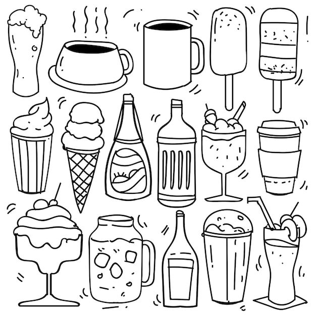 Dibujado a mano de bebidas en estilo doodle aislado sobre fondo blanco, vector dibujado a mano set tema de bebidas. ilustración vectorial