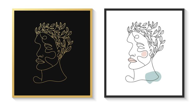 Dibujado a mano belleza femenina mujer cara cabeza minimalista línea floral retrato de arte