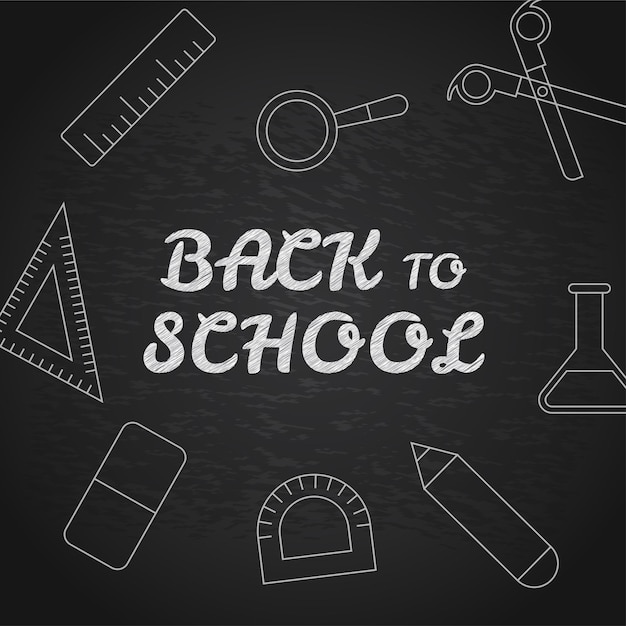 dibujado a mano Bienvenido de nuevo al fondo de la escuela con herramientas escolares.