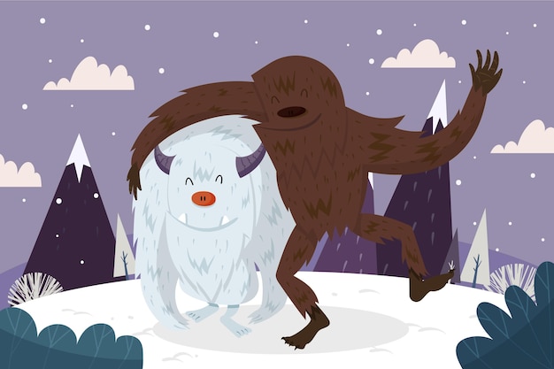 Dibujado a mano bigfoot sasquatch y yeti abominable ilustración de muñeco de nieve