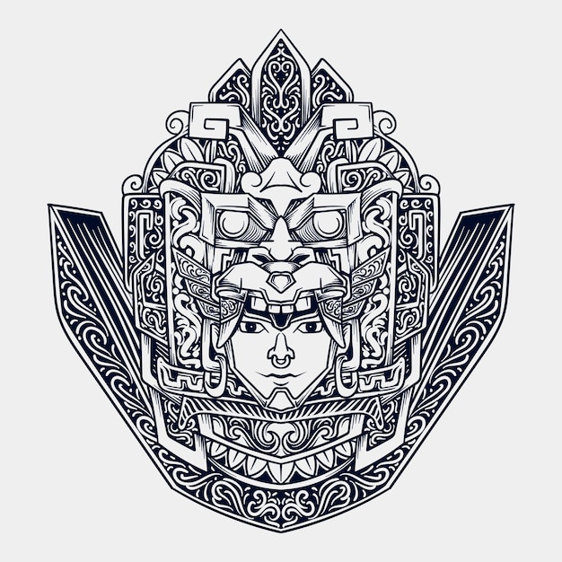 dibujado a mano en blanco y negro cabeza azteca ilustración grabada