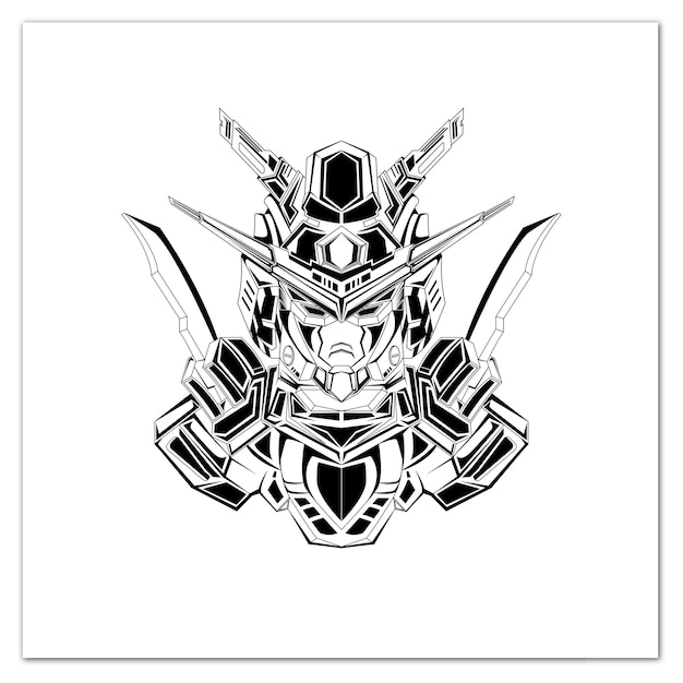 Dibujado a mano en blanco y negro ilustración mecha gundam tatuajes robóticos