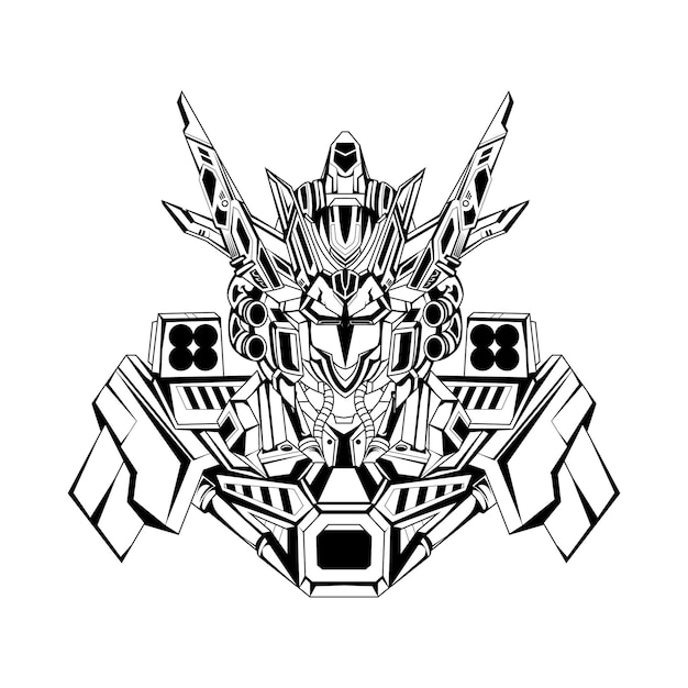 Dibujado a mano en blanco y negro Ilustración mecha gundam tatuajes robóticos