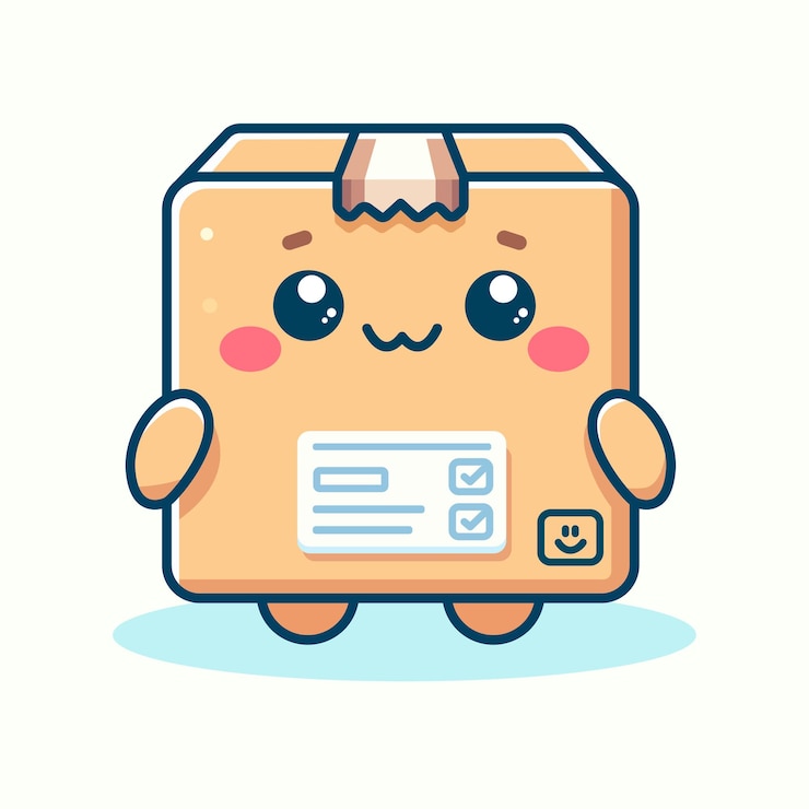 Vector dibujado a mano bonito cartón de cartón de caja de envío con cara y dirección de texto