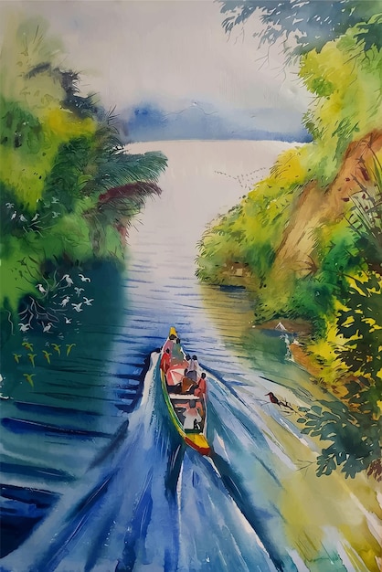 Dibujado a mano bosque con vista a la montaña con ilustración de pintura de acuarela de barco de río