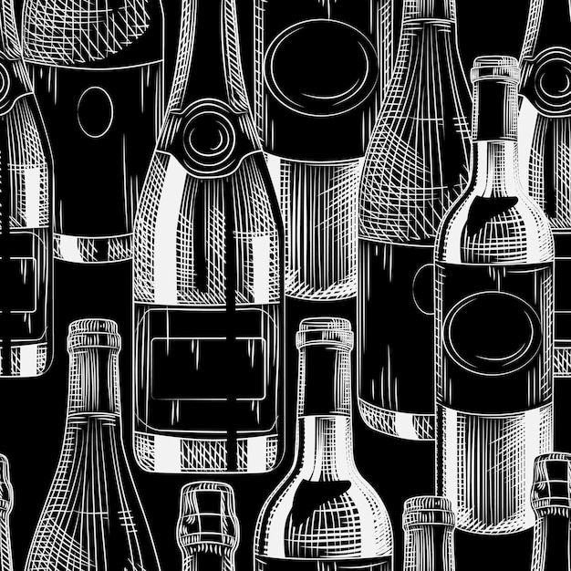 Dibujado a mano botellas de vino de patrones sin fisuras sobre fondo negro. Telón de fondo de vino diferente. Estilo de grabado. Ilustración vectorial