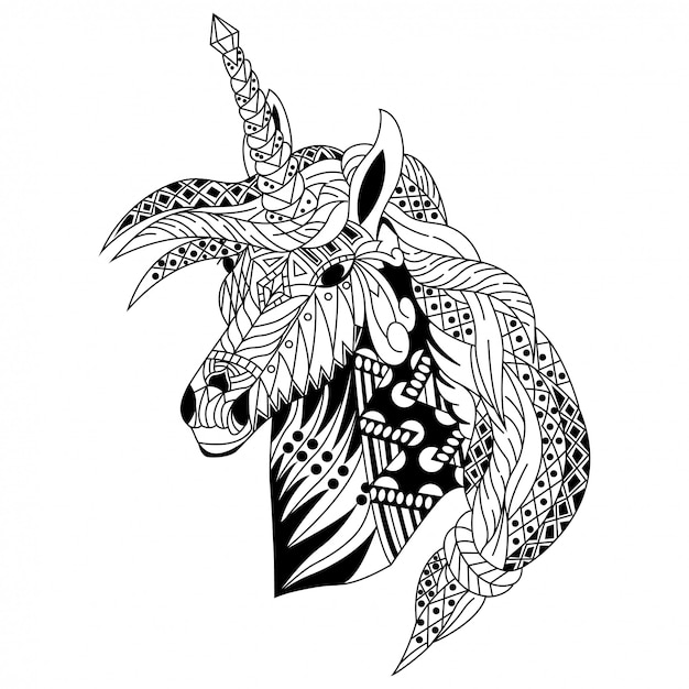 Dibujado a mano de cabeza de unicornio en estilo zentangle