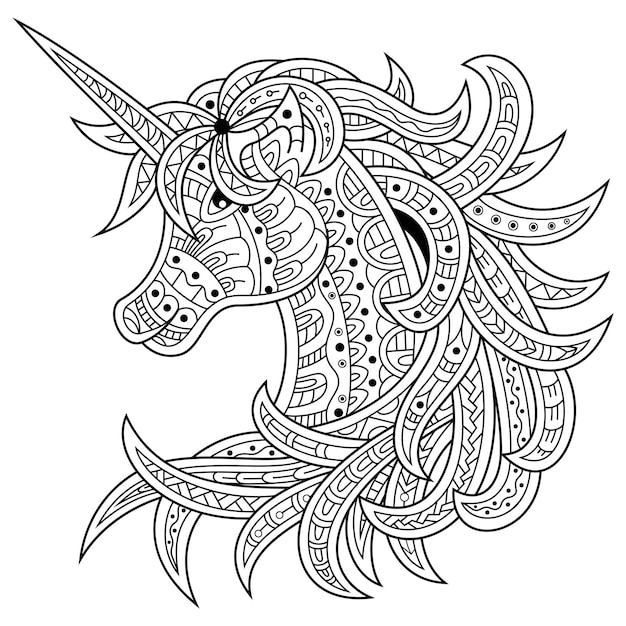 Vector dibujado a mano de cabeza de unicornio en estilo zentangle