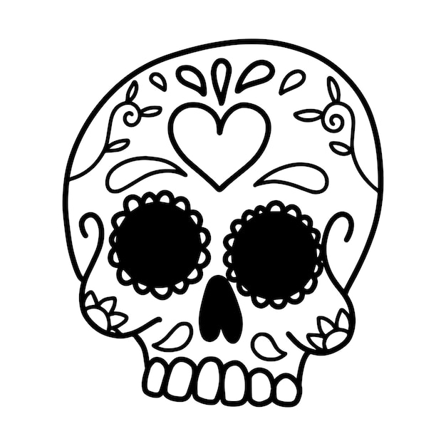 Dibujado a mano calavera de azúcar mexicana aislada sobre fondo blanco. Elemento de diseño de carteles, tarjetas, pancartas, camisetas, emblemas, letreros. Ilustración vectorial