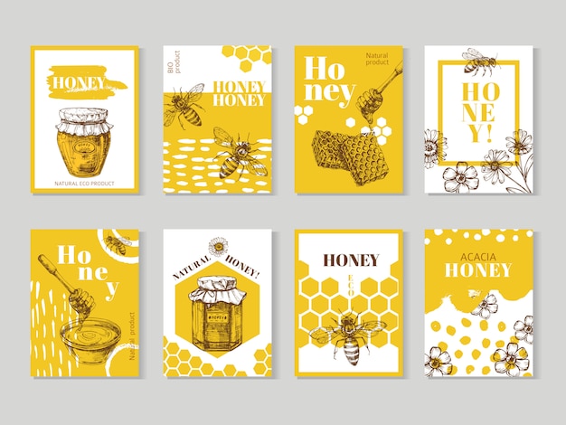 Dibujado a mano carteles de miel. Envasado de miel natural con diseño de vector de abeja, panal y colmena