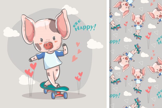 Dibujado a mano un cerdito con patineta