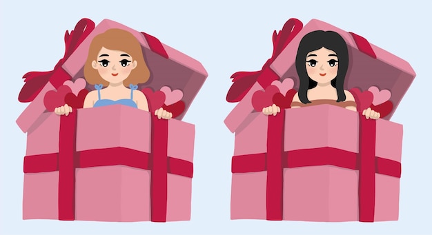 Vector dibujado a mano chicas lindas de san valentín en caja de regalo de dibujos animados
