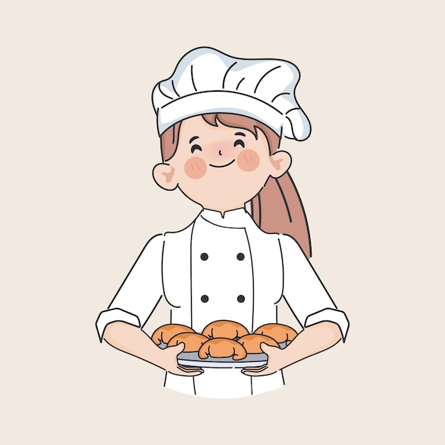 Dibujado a mano clip art chef hornear croissant panadería personaje